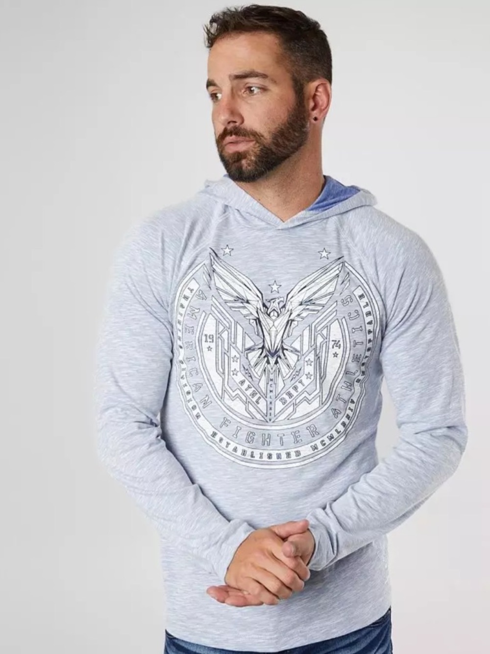 American Fighter Porter Light Blue Graphic Hooded Long-Sleeve Tee for Men